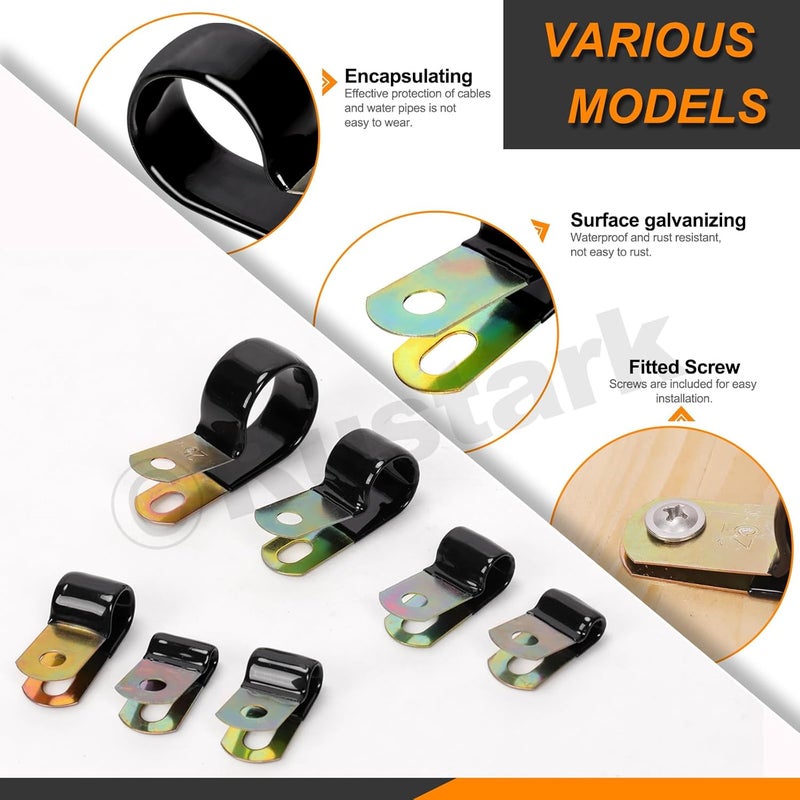 Rustark 160Pcs 9 Sizes Vinyl Coated Cable Clamps Assortment Kit with Screws Nuts Galvanized Wire Clamps Zinc Cable Clamp Cushioned Insulated Clamp for Wiring Tubes Cord Installation - Image 4